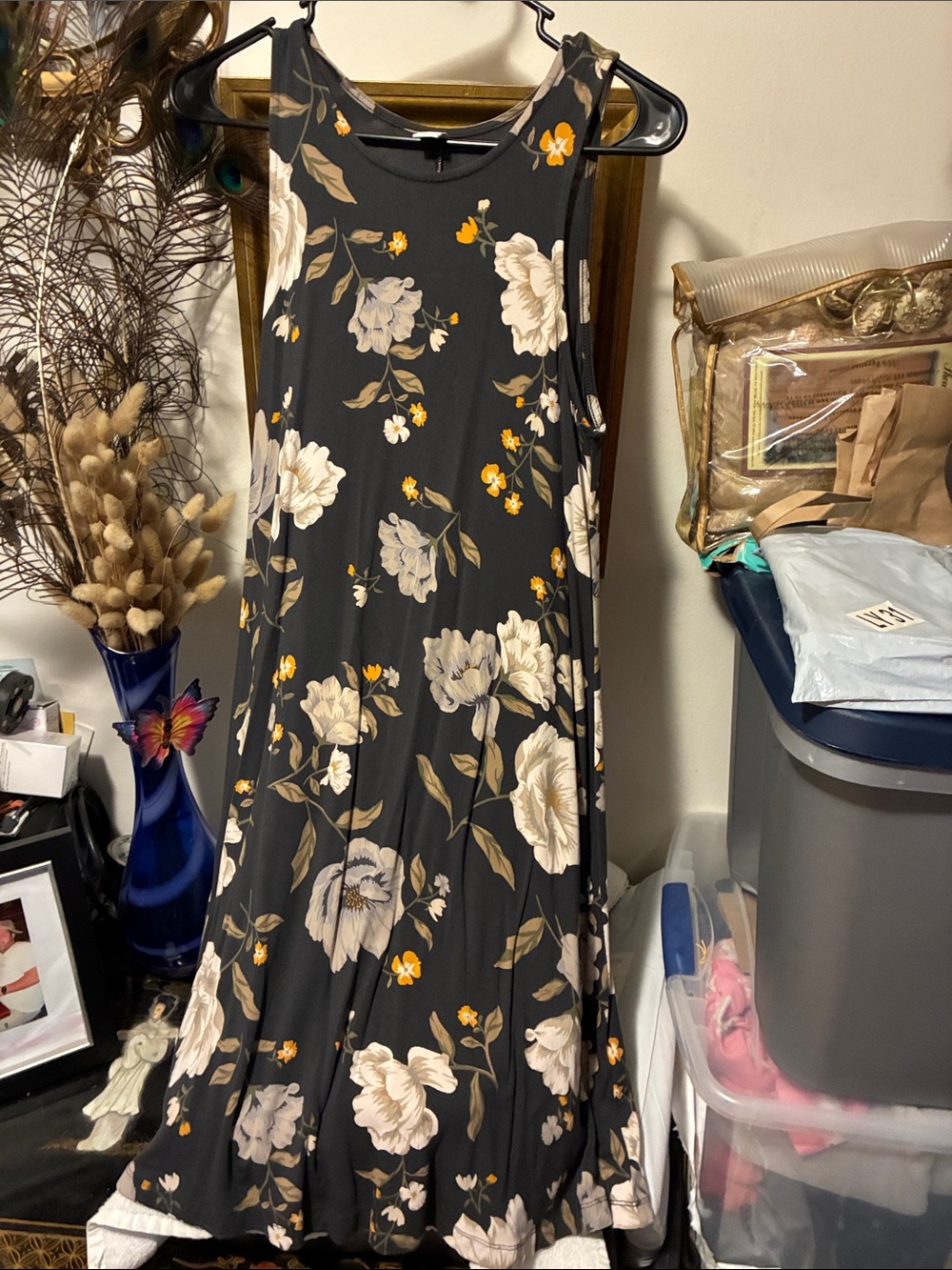 Old Navy Black Sleeveless Midi Dress with Cream & Mustard Floral Print